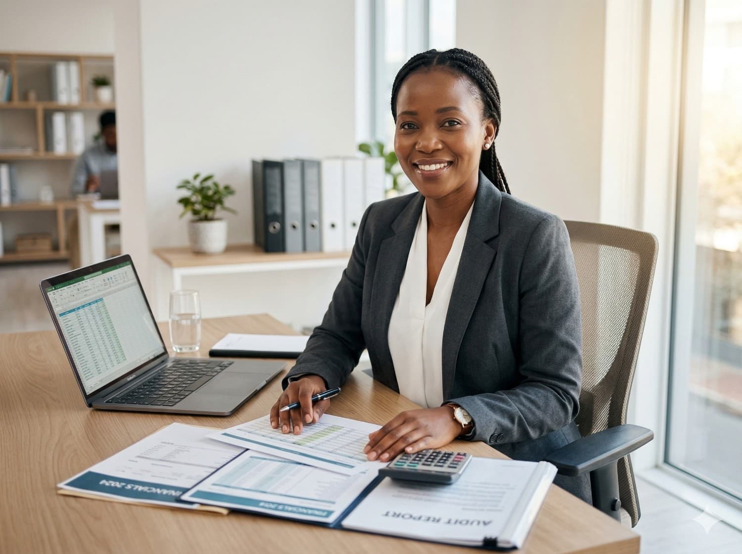 Nous offrons nos service d'assistance comptable et fiscale - Femme bureau classeurs & PC